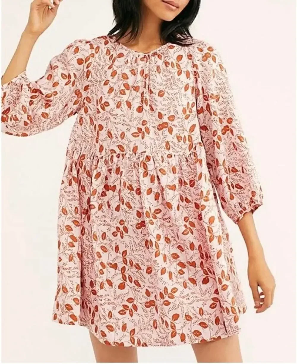 Free People Mini Dress Paper Hearts Pink Linen Long Sleeve Empire Waist
